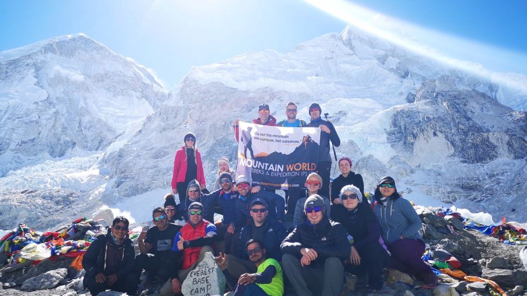 Celebrating our successful Everest Base Camp Trek with a group photo.