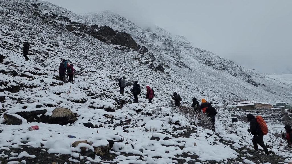 Trekking on a snowy winter day during the Everest Base Camp Trek.